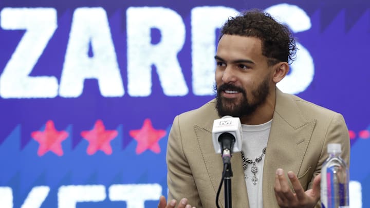 Jan 9, 2026; Washington, District of Columbia, USA; Newly acquired Washington Wizards guard Trae Young speaks at an introductory press conference prior to the Wizards' game against the New Orleans Pelicans at Capital One Arena. Mandatory Credit: Geoff Burke-Imagn Images