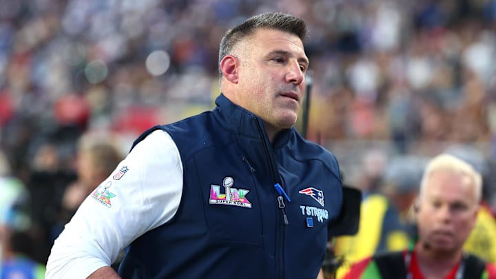Feb 8, 2026; Santa Clara, CA, USA; New England Patriots head coach Mike Vrabel leaves the field at halftime against the Seattle Seahawks in Super Bowl LX at Levi's Stadium. Mandatory Credit: Mark J. Rebilas-Imagn Images