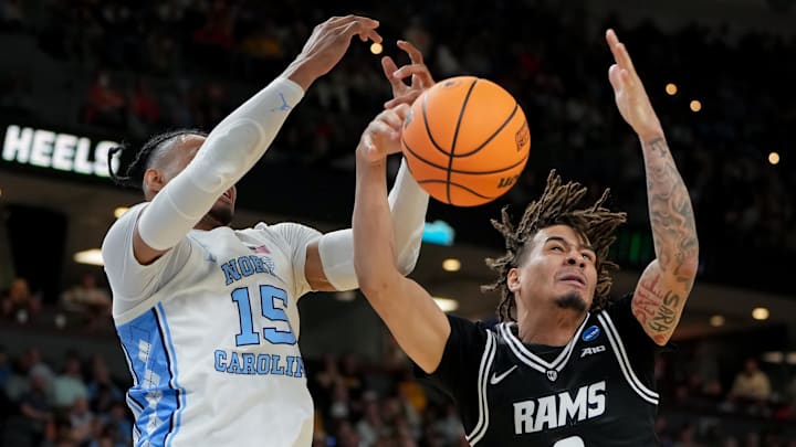 Mar 19, 2026; Greenville, SC, USA; North Carolina Tar Heels forward Jarin Stevenson (15) and VCU Rams forward Jadrian Tracey (2) go for the ball in the second half of a first round game of the men's 2026 NCAA Tournament at Bon Secours Wellness Arena. Mandatory Credit: Bob Donnan-Imagn Images Mar 19, 2026; Greenville, SC, USA; North Carolina Tar Heels forward Jarin Stevenson (15) and VCU Rams forward Jadrian Tracey (2) go for the ball in the second half of a first round game of the men's 2026 NCAA Tournament at Bon Secours Wellness Arena. Mandatory Credit: Bob Donnan-Imagn Images