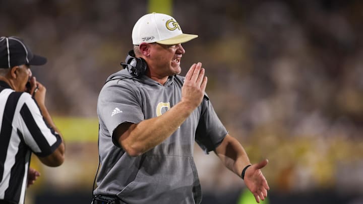 Nov 22, 2025; Atlanta, Georgia, USA; Georgia Tech Yellow Jackets head coach Brent Key calls a timeout against the Pittsburgh Panthers in the second quarter at Bobby Dodd Stadium at Hyundai Field. Mandatory Credit: Brett Davis-Imagn Images