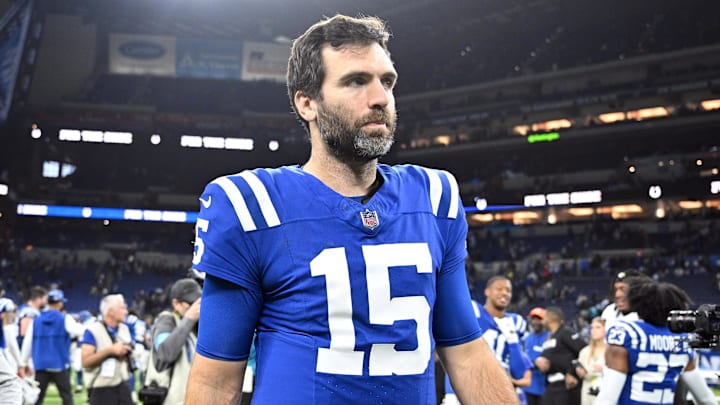 Jan 5, 2025; Indianapolis, Indiana, USA; Indianapolis Colts quarterback Joe Flacco (15) walks off the field after the game against the Jacksonville Jaguars at Lucas Oil Stadium. Mandatory Credit: Marc Lebryk-Imagn Images