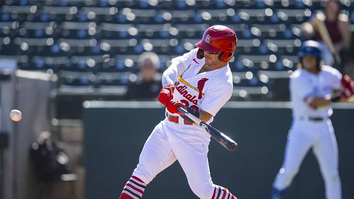 Oct 22, 2022; Phoenix, Arizona, USA; St Louis Cardinals outfielder Mike Antico plays for the Salt River Rafters during an Arizona Fall League baseball game at Phoenix Municipal Stadium. Mandatory Credit: Mark J. Rebilas-Imagn Images