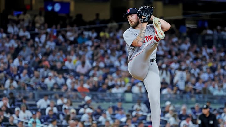Sep 30, 2025; Bronx, New York, USA; Boston Red Sox pitcher Garrett Crochet (35) throws a pitch during the fourth inning against the New York Yankees during game one of the Wildcard round for the 2025 MLB playoffs at Yankee Stadium. Mandatory Credit: Brad Penner-Imagn Images