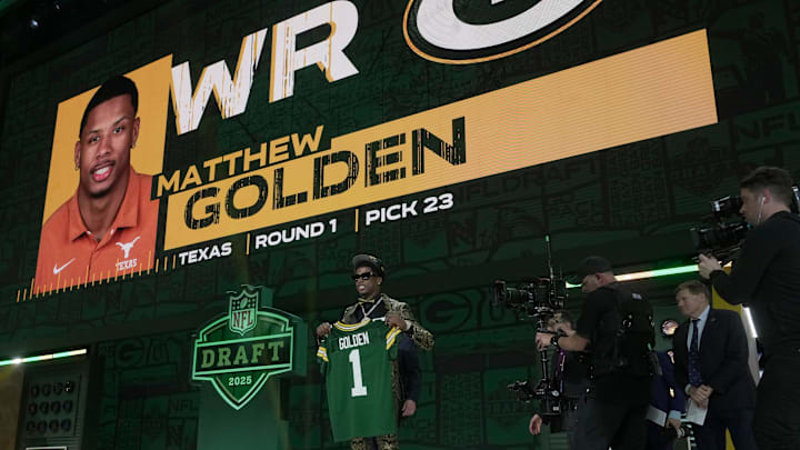 Wide Receiver Matthew Golden of Texas poses after being selected twenty-third overall pick by the Green Bay Packers during the first round of the 2025 NFL Draft at Lambeau Field on April 24, 2025 in Green Bay.