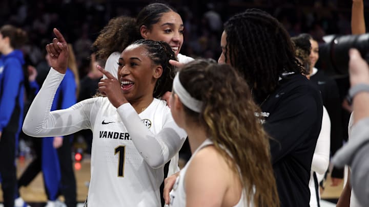 Vanderbilt's Mikayla Blakes (1) celebrates with teammates after their win against Kentucky at Vanderbilt’s Memorial Gym Sunday, Feb. 22, 2026. Vanderbilt's Mikayla Blakes (1) celebrates with teammates after their win against Kentucky at Vanderbilt’s Memorial Gym Sunday, Feb. 22, 2026.