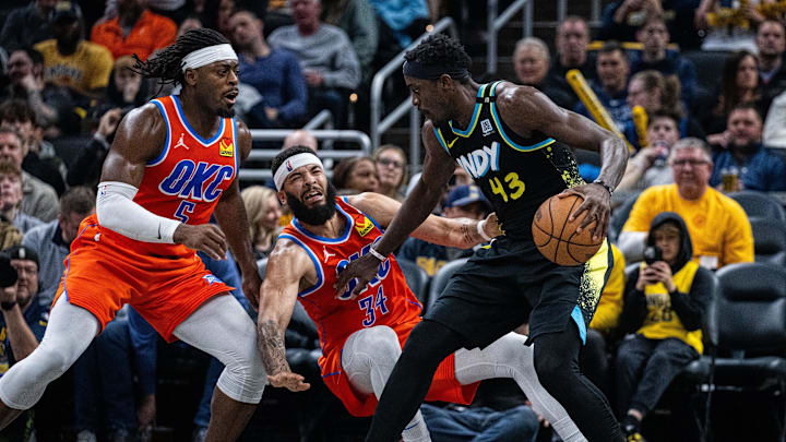 Apr 5, 2024; Indianapolis, Indiana, USA; Indiana Pacers forward Pascal Siakam (43) dribbles the ball