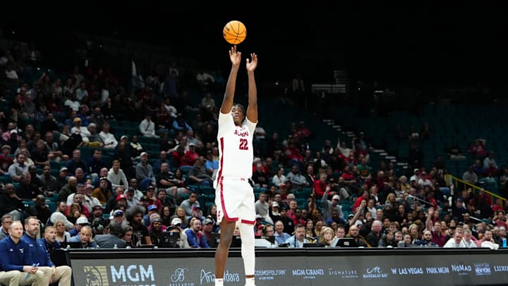 Nov 24, 2025; Las Vegas, Nevada, USA; Alabama Crimson Tide forward Aiden Sherrell (22) shoots against the Gonzaga Bulldogs during the first half in a 2025 Players Era Festival group play game at MGM Grand Garden Arena. Mandatory Credit: Stephen R. Sylvanie-Imagn Images Nov 24, 2025; Las Vegas, Nevada, USA; Alabama Crimson Tide forward Aiden Sherrell (22) shoots against the Gonzaga Bulldogs during the first half in a 2025 Players Era Festival group play game at MGM Grand Garden Arena. Mandatory Credit: Stephen R. Sylvanie-Imagn Images