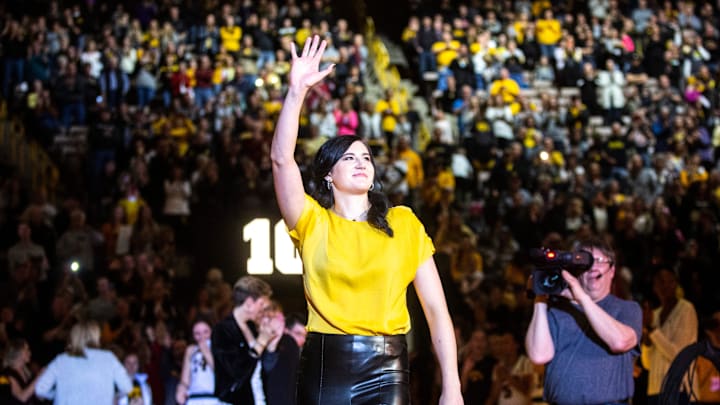 Former Iowa Hawkeyes center Megan Gustafson has her No. 10 jersey retired after a NCAA Big Ten Conference women's basketball game between the Iowa Hawkeyes and Michigan State, Sunday, Jan. 26, 2020, at Carver-Hawkeye Arena in Iowa City, Iowa.

200125 Gustafson 001 Jpg