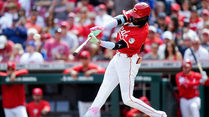 Cincinnati Reds shortstop Elly De La Cruz (44) hits a homer in the first inning of the MLB National League game between the Cincinnati Reds and Chicago Cubs, Saturday, May 24, 2025, at Great American Ball Park in Downtown Cincinnati.
