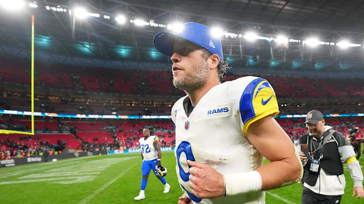 Oct 19, 2025; London, United Kingdom; Los Angeles Rams quarterback Matthew Stafford (9) runs off the field after their win against the Jacksonville Jaguars in an NFL International Series game at Wembley Stadium. Mandatory Credit: Kirby Lee-Imagn Images Oct 19, 2025; London, United Kingdom; Los Angeles Rams quarterback Matthew Stafford (9) runs off the field after their win against the Jacksonville Jaguars in an NFL International Series game at Wembley Stadium. Mandatory Credit: Kirby Lee-Imagn Images