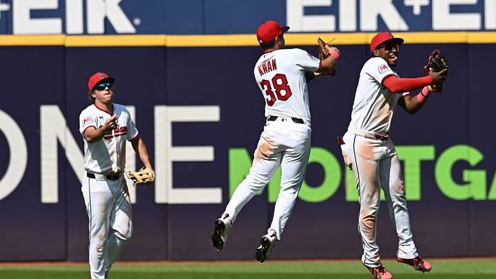 Aug 20, 2026; Cleveland, Ohio, USA; Cleveland Guardians center fielder Petey Halpin (0) and left fielder Steven Kwan (38) and right fielder Angel Martinez (1) celebrate after the Guardians beat the San Francisco Giants at Progressive Field. Mandatory Credit: Ken Blaze-Imagn Images Aug 20, 2026; Cleveland, Ohio, USA; Cleveland Guardians center fielder Petey Halpin (0) and left fielder Steven Kwan (38) and right fielder Angel Martinez (1) celebrate after the Guardians beat the San Francisco Giants at Progressive Field. Mandatory Credit: Ken Blaze-Imagn Images