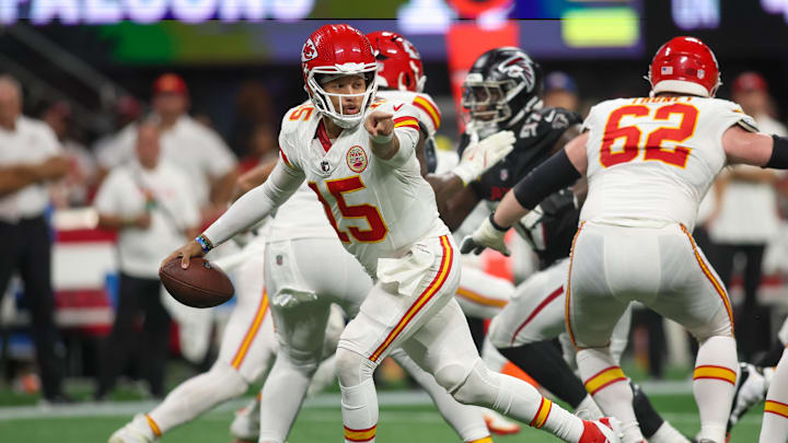 Sep 22, 2024; Atlanta, Georgia, USA; Kansas City Chiefs quarterback Patrick Mahomes (15) drops back to pass against the Atlanta Falcons in the second quarter at Mercedes-Benz Stadium. Mandatory Credit: Brett Davis-Imagn Images