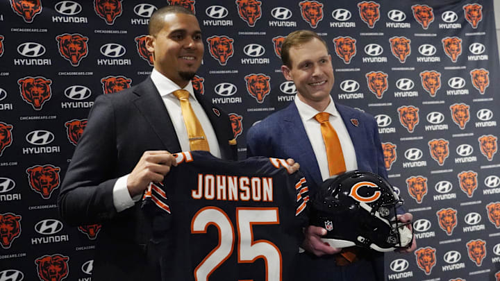 Jan 22, 2025; Lake Forest, IL, USA; Chicago Bears new head coach Ben Johnson (right) with general manager Ryan Poles pose for photos after a press conference introducing him at PNC Center. Mandatory Credit: David Banks-Imagn Images