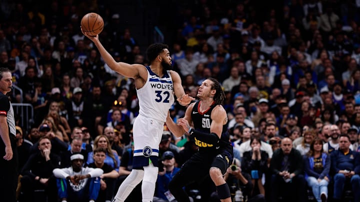 May 6, 2024; Denver, Colorado, USA; Minnesota Timberwolves center Karl-Anthony Towns (32) controls