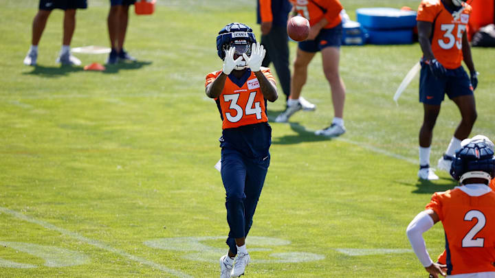 Jul 28, 2023; Englewood, CO, USA; Denver Broncos safety JL Skinner (34) during training camp at