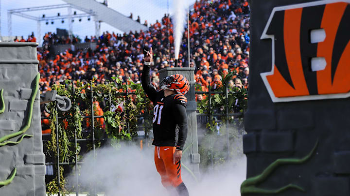 Dec 22, 2024; Cincinnati, Ohio, USA; Cincinnati Bengals defensive end Trey Hendrickson (91) runs onto the field before the game against the Cleveland Browns at Paycor Stadium. Mandatory Credit: Katie Stratman-Imagn Images