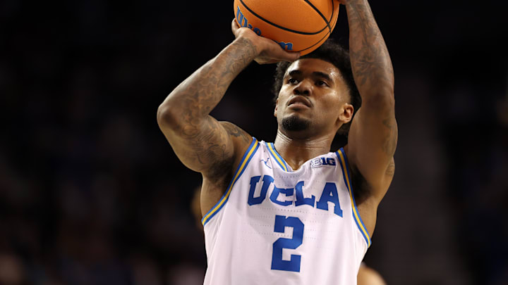 Nov 7, 2025; Los Angeles, California, USA;  UCLA Bruins guard Donovan Dent (2) shoots a free throw during the second half against the Pepperdine Waves at Pauley Pavilion presented by Wescom Financial. Mandatory Credit: Kiyoshi Mio-Imagn Images