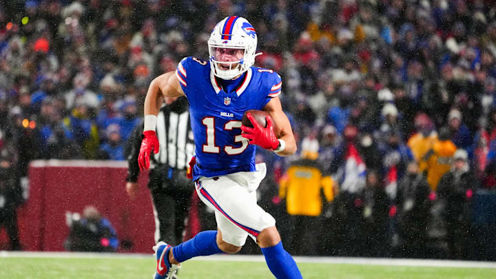 Jan 19, 2025; Orchard Park, New York, USA; Buffalo Bills wide receiver Mack Hollins (13) runs the ball during the fourth quarter against the Baltimore Ravens in a 2025 AFC divisional round game at Highmark Stadium. Mandatory Credit: Gregory Fisher-Imagn Images