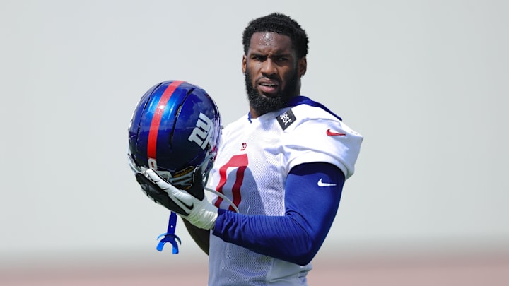 Jul 23, 2025; East Rutherford, NJ, USA; New York Giants linebacker Brian Burns (0) looks on during training camp at Quest Diagnostics Training Center.