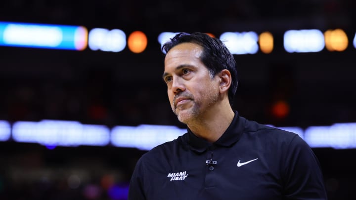 Apr 10, 2024; Miami, Florida, USA; Miami Heat head coach Erik Spoelstra reacts during the first half - Sam Navarro/USA TODAY Sports