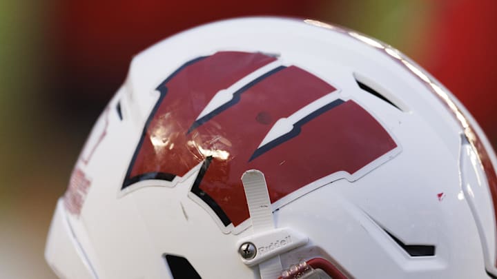 Oct 14, 2023; Madison, Wisconsin, USA;  General view of a Wisconsin Badgers helmet during the game against the Iowa Hawkeyes at Camp Randall Stadium. Mandatory Credit: Jeff Hanisch-USA TODAY Sports