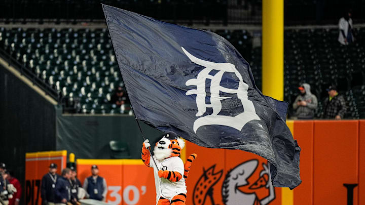 Detroit Tigers mascot Paws celebrate 6-1 win over Kansas City Royals at Comerica Park in Detroit on Thursday, April 17, 2025.