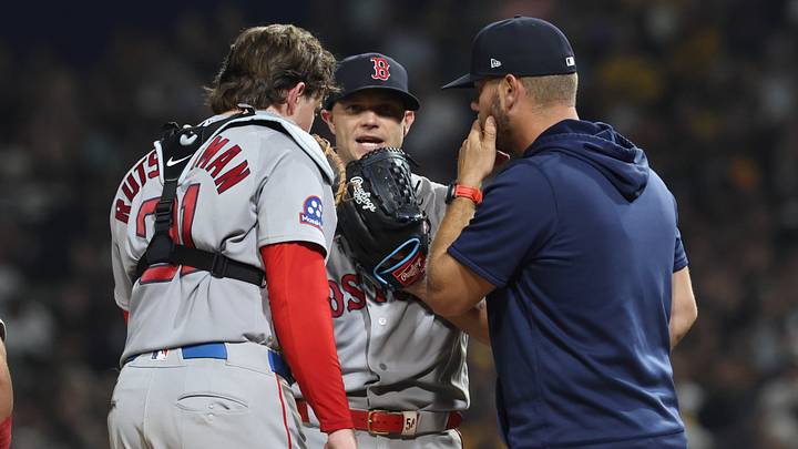 Aug 15, 2026; Pittsburgh, Pennsylvania, USA;  Boston Red Sox catcher Adley Rutschman (31) and pitching coach Andrew Bailey (right) talk with starting pitcher Sonny Gray (middle) during the fifth inning against the Pittsburgh Pirates at PNC Park. Mandatory Credit: Charles LeClaire-Imagn Images