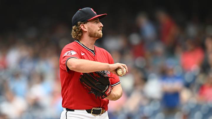 Sep 3, 2026; Cleveland, Ohio, USA; Cleveland Guardians pitcher Tanner Bibee (28) reacts during the fifth inning against the Toronto Blue Jays at Progressive Field. Mandatory Credit: Ken Blaze-Imagn Images