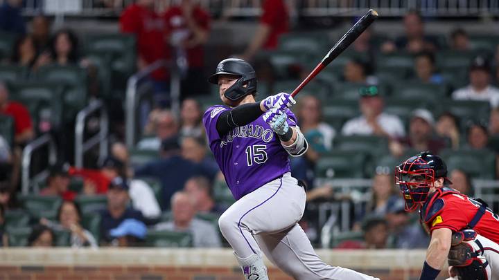  Hunter Goodman hits an RBI single against the Atlanta Braves in the  Credit: Brett Davis-Imagn Images