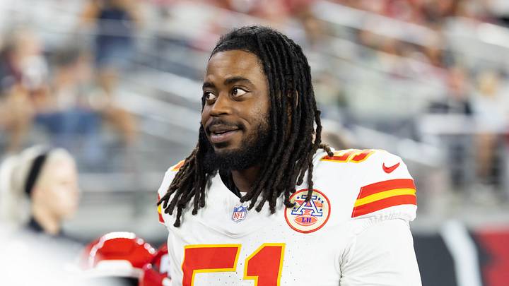 Aug 9, 2025; Glendale, Arizona, USA; Kansas City Chiefs defensive end Mike Danna (51) against the Arizona Cardinals during a preseason NFL game at State Farm Stadium. Mandatory Credit: Mark J. Rebilas-Imagn Images