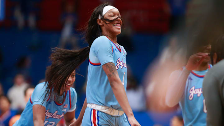 Kansas super-senior center Taiyanna Jackson (1) celebrates a lead against Iowa State