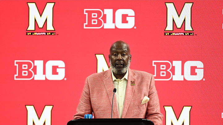 Jul 25, 2024; Indianapolis, IN, USA; Maryland Terrapins head coach Mike Locksley speaks to the media during the Big 10 football media day at Lucas Oil Stadium. Mandatory Credit: Robert Goddin-USA TODAY Sports