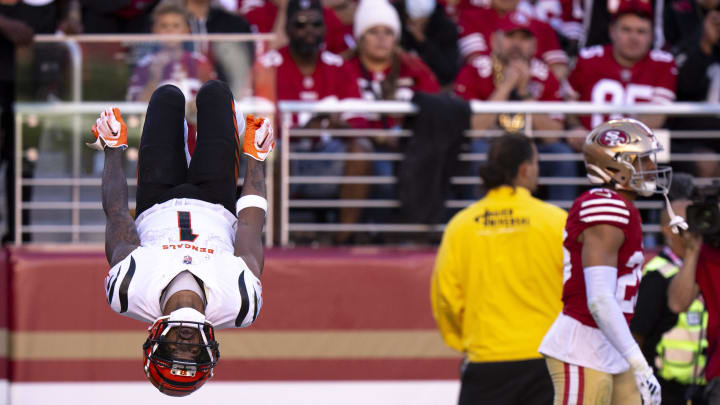 Cincinnati Bengals wide receiver Ja'Marr Chase (1) flips after scoring a touchdown in the fourth quarter of the NFL game between the Cincinnati Bengals and the San Francisco 49ers at Levi Stadium in Santa Clara, Calif., on Sunday, Oct 29, 2023. Cincinnati Bengals wide receiver Ja'Marr Chase (1) flips after scoring a touchdown in the fourth quarter of the NFL game between the Cincinnati Bengals and the San Francisco 49ers at Levi Stadium in Santa Clara, Calif., on Sunday, Oct 29, 2023.