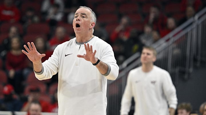 Mar 5, 2024; Louisville, Kentucky, USA; Virginia Tech Hokies head coach Mike Young calls out instructions during the second half against the Virginia Tech Hokies at KFC Yum! Center. Virginia Tech defeated Louisville 80-64. Mandatory Credit: Jamie Rhodes-Imagn Images