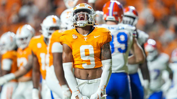 Tennessee defensive back Jakobe Thomas (9) yells after a play during a NCAA football game between Tennessee and Florida in Neyland Stadium, in Knoxville, Tenn., Oct. 12, 2024.