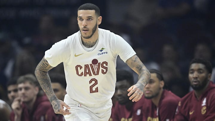 Oct 14, 2025; Cleveland, Ohio, USA; Cleveland Cavaliers guard Lonzo Ball (2) runs on the court in the first quarter against the Detroit Pistons at Rocket Arena. Mandatory Credit: David Richard-Imagn Images