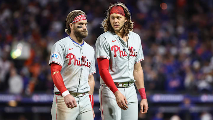 Oct 9, 2024; New York City, New York, USA; Philadelphia Phillies first baseman (3) and third baseman Alec Bohm (28) during game four of the NLDS for the 2024 MLB Playoffs.