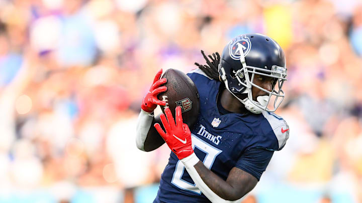 Nov 17, 2024; Nashville, Tennessee, USA;  Tennessee Titans wide receiver Calvin Ridley (0) makes a catch against the Minnesota Vikings during the first half at Nissan Stadium. Mandatory Credit: Steve Roberts-Imagn Images
