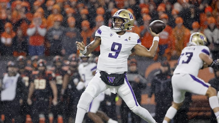 Nov 18, 2023; Corvallis, Oregon, USA; Washington Huskies quarterback Michael Penix Jr. (9) throws