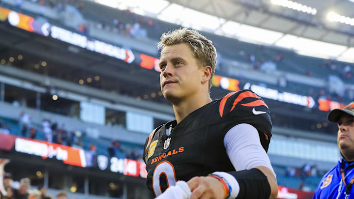 Nov 3, 2024; Cincinnati, Ohio, USA; Cincinnati Bengals quarterback Joe Burrow (9) walks off the field after the victory over the Las Vegas Raiders at Paycor Stadium. Mandatory Credit: Katie Stratman-Imagn Images