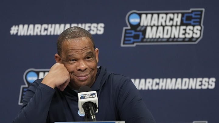 Mar 20, 2024; Charlotte, NC, USA; North Carolina Tar Heels head coach Hubert Davis during a press conference at Spectrum Center. Mandatory Credit: Bob Donnan-Imagn Images
