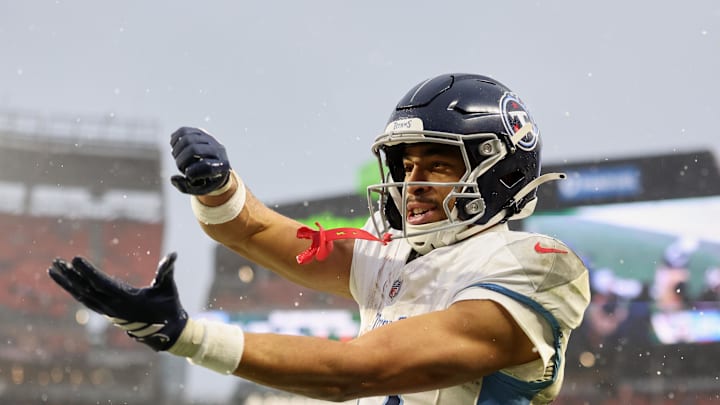 Dec 7, 2025; Cleveland, Ohio, USA; Tennessee Titans wide receiver Chimere Dike (17) celebrates after scoring a touchdown against the Cleveland Browns during the fourth quarter at Huntington Bank Field. Mandatory Credit: Scott Galvin-Imagn Images Dec 7, 2025; Cleveland, Ohio, USA; Tennessee Titans wide receiver Chimere Dike (17) celebrates after scoring a touchdown against the Cleveland Browns during the fourth quarter at Huntington Bank Field. Mandatory Credit: Scott Galvin-Imagn Images