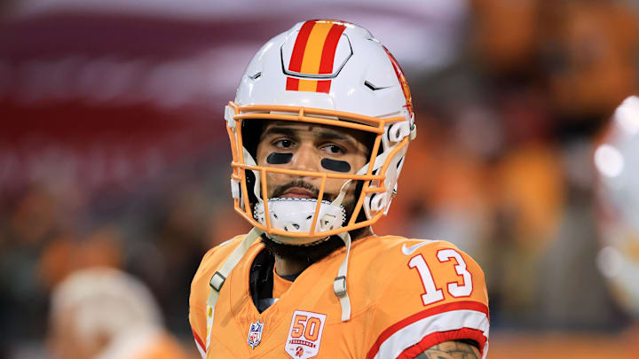 Tampa Bay Buccaneers wide receiver Mike Evans (13) looks on during warmups before the game against the Atlanta Falcons Tampa Bay Buccaneers wide receiver Mike Evans (13) looks on during warmups before the game against the Atlanta Falcons