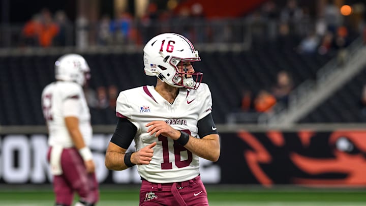 Corvallis, Oregon, USA; Lafayette Leopards quarterback Dean Denobile (16) on the field for warmups before the game against the Oregon State Beavers at Reser Stadium.