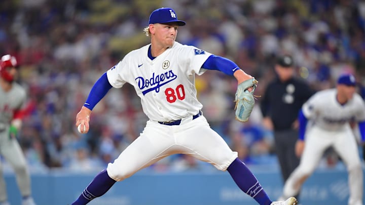 Sep 15, 2025; Los Angeles, California, USA; Los Angeles Dodgers pitcher Emmet Sheehan (80) throws pitch against the Philadelphia Phillies in the first inning at Dodger Stadium. Mandatory Credit: Gary A. Vasquez-Imagn Images