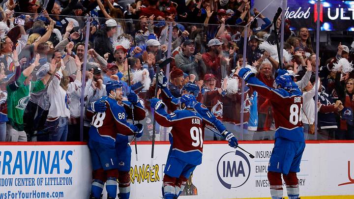 May 13, 2026; Denver, Colorado, USA; Colorado Avalanche center Nathan MacKinnon (29) celebrates his goal with center Martin Necas (88) and center Brock Nelson (11) and ]center Nazem Kadri (91) and defenseman Brent Burns (84) in the third period against the Minnesota Wild in game five of the second round of the 2026 Stanely Cup Playoffs at Ball Arena. Mandatory Credit: Isaiah J. Downing-Imagn Images