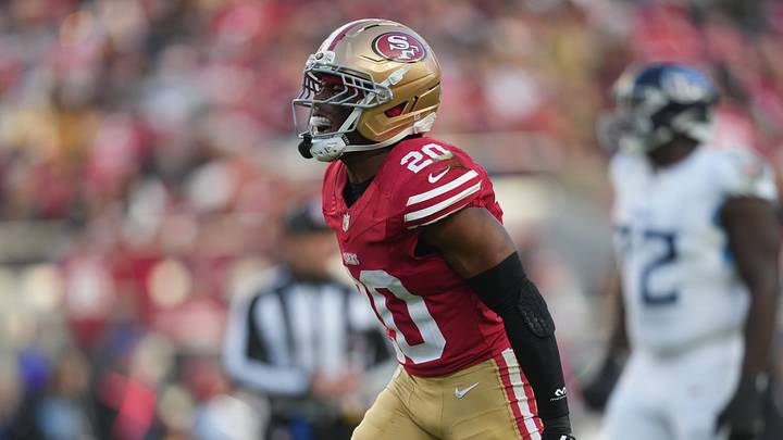 Dec 14, 2025; Santa Clara, California, USA; San Francisco 49ers cornerback Upton Stout (20) reacts during the third quarter against the Tennessee Titans at Levi's Stadium. Mandatory Credit: Cary Edmondson-Imagn Images Dec 14, 2025; Santa Clara, California, USA; San Francisco 49ers cornerback Upton Stout (20) reacts during the third quarter against the Tennessee Titans at Levi's Stadium. Mandatory Credit: Cary Edmondson-Imagn Images