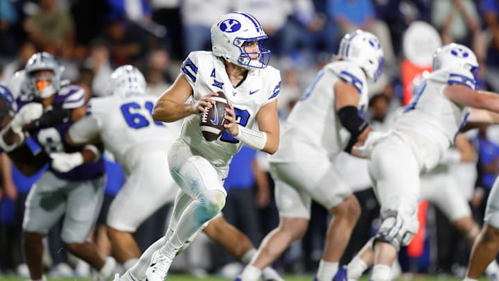 BYU's Jake Retzlaff looks to pass against Kansas State.