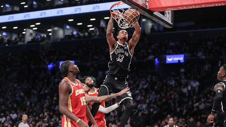Mar 2, 2024; Brooklyn, New York, USA;  Brooklyn Nets center Nic Claxton (33) dunks in the fourth