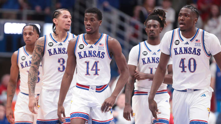Kansas Jayhawks players return from a timeout during the game against Baylor Bears inside Allen Fieldhouse on Jan. 16, 2026. Kansas Jayhawks players return from a timeout during the game against Baylor Bears inside Allen Fieldhouse on Jan. 16, 2026.